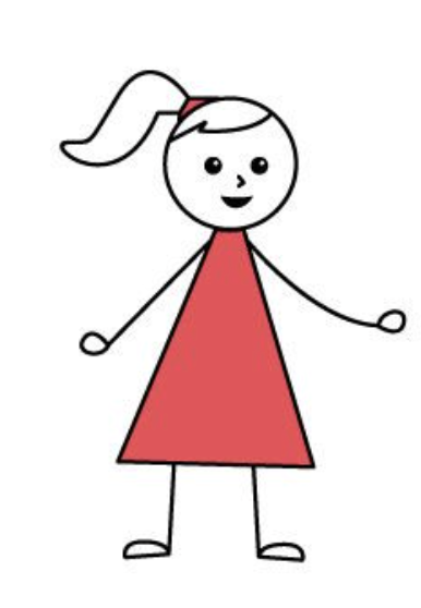 Sarah character-consistency reference: stickwoman with a high ponytail and red triangular dress