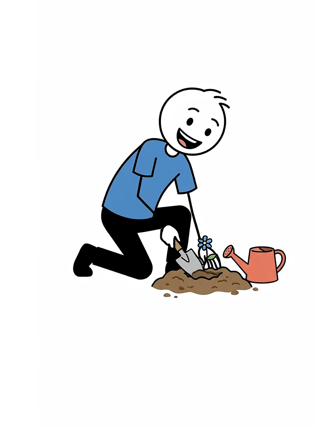 Custom Style inspiration image showing a smiling stickman in a blue shirt kneeling in a garden with a flower, trowel, soil, and coral watering can