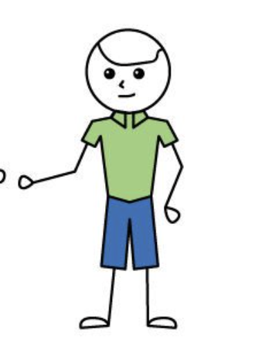 Michael character-consistency reference: stickman with side-parted hair, green collared shirt, and blue shorts